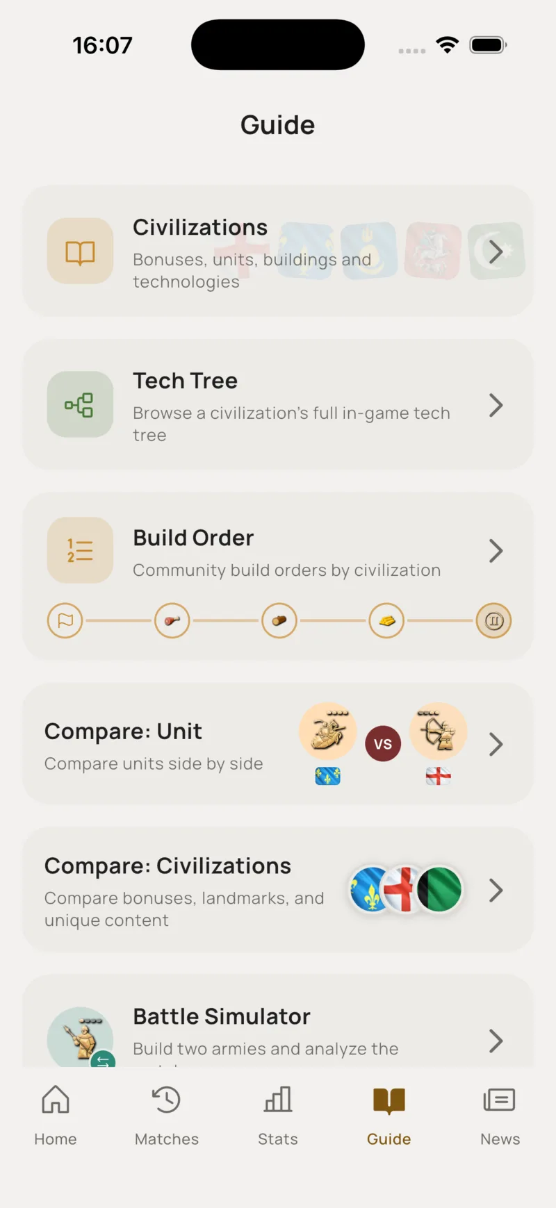 Centro de guías con civilizaciones, árbol tecnológico, build orders, herramientas de comparación y el simulador de batalla