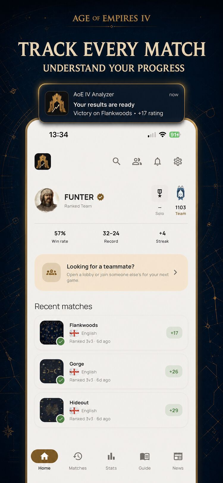Home screen with profile, win rate, record and recent matches