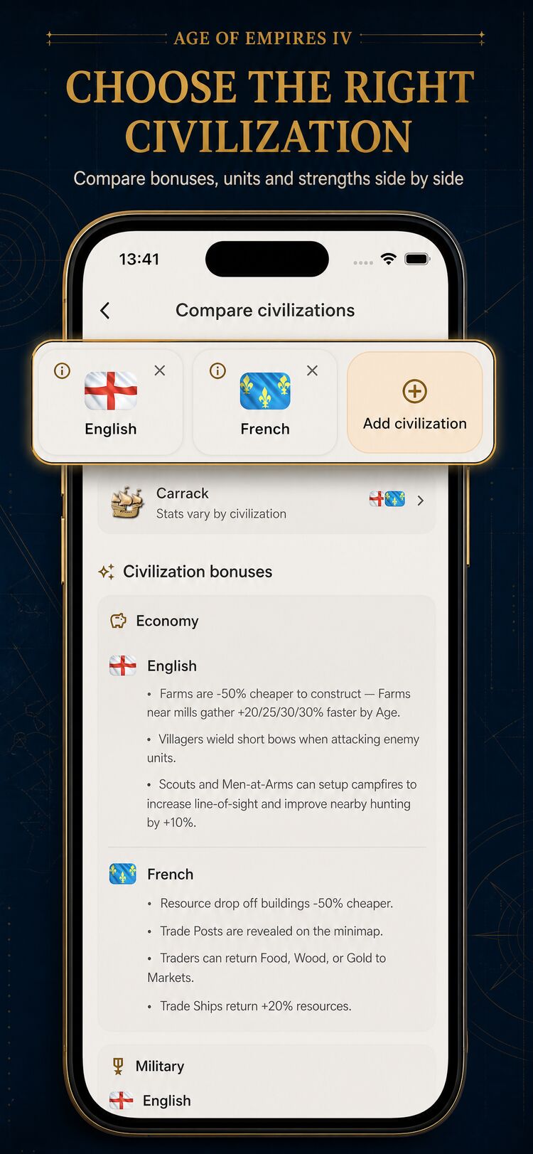 Two civilizations compared side by side with their bonuses