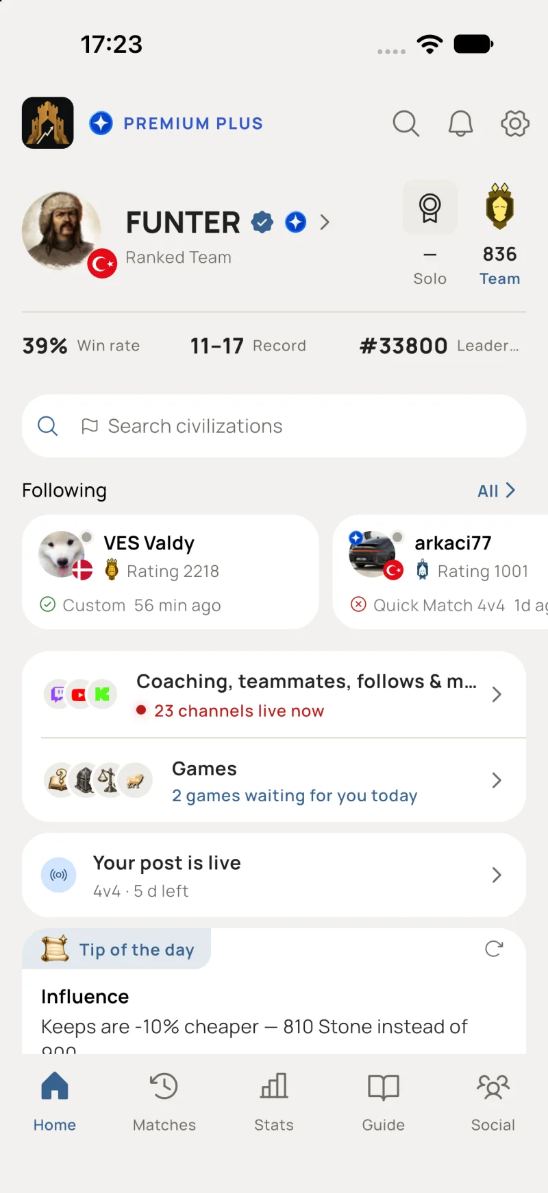 App home screen with the player's rating, win rate, followed players and recent matches
